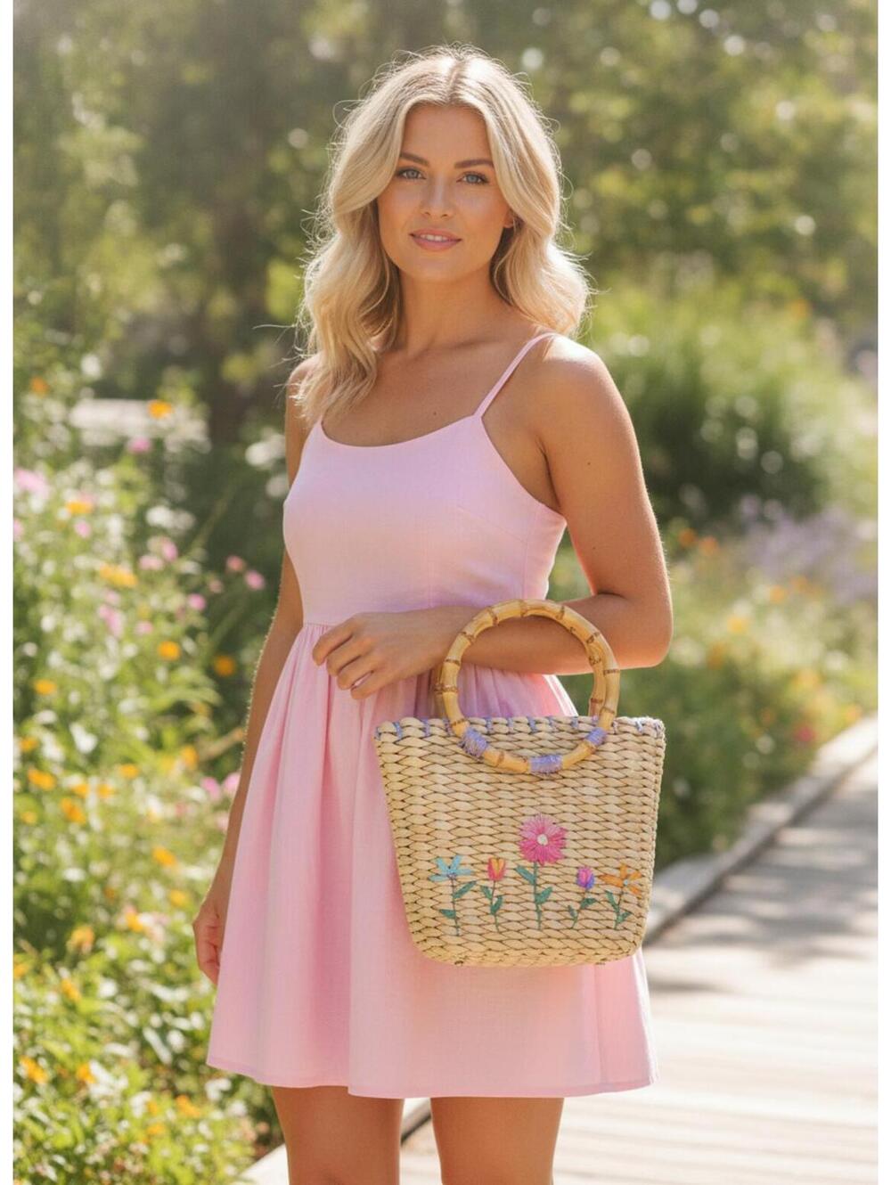Straw Purse Tote with Embroidered Flowers Bamboo Double Handle